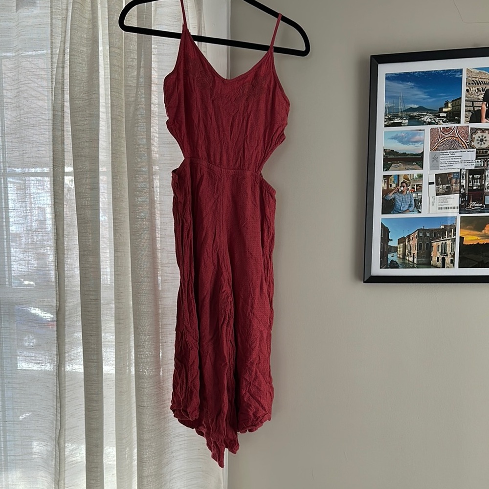 Burgundy Side Cutout wide leg Spaghetti Strap Midi romper/jumpsuit